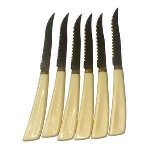 Vintage Kirby Quikut Gold Tone Steak Knives Cream Handles Set of 6 MCM